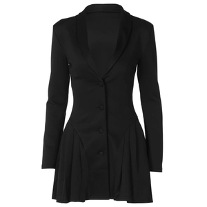 Close-up of deep V-neckline with lapel and button detail on short black pleated dress