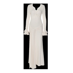 Detail of V-neck lace trim and waist tie on white ruffle sleeve long dress
