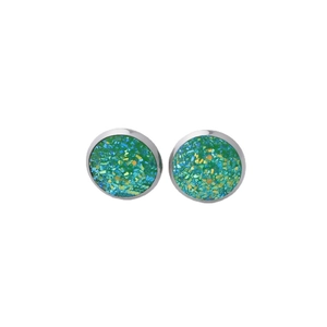 Minimalist 8mm stainless steel stud earrings with glittering emerald green druzy texture