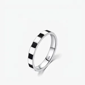 Checkerboard Ring 925 Sterling Silver Black White Enamel Geometric Minimalist Fashion Jewelry Unisex