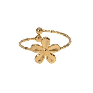 Minimalist gold plated stainless steel flower ring with adjustable textured band