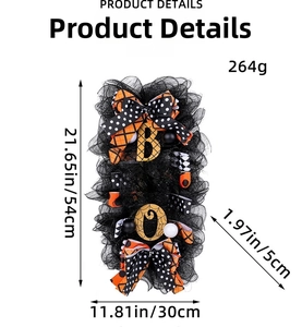 Detailed dimensions of the Halloween BOO wreath with orange ribbons and black mesh decor
