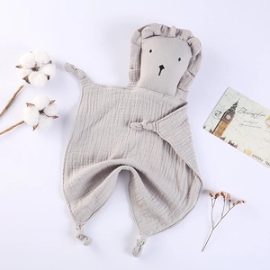 Light gray cotton muslin baby security blanket featuring a cute stuffed lion head design