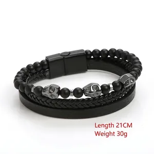Three-layer black leather skull bracelet with matte beads and magnetic clasp for men
