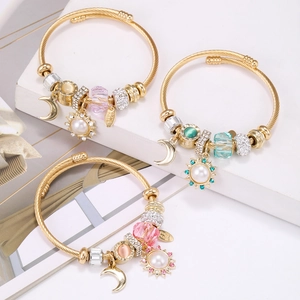Gold stainless steel star flower charm bracelets with pink, blue, and orange beads
