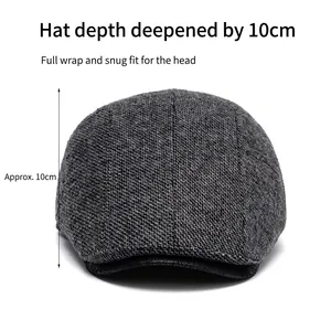Dark grey wool blend flat cap for men with 10cm depth and warm textured fabric