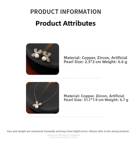 Détails de la parure de bijoux perle avec nœud en zircon, collier et boucles d'oreilles