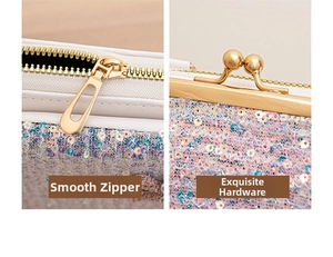 Detail of colorful sequins, smooth metal zipper and exquisite golden hardware clasp