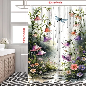 Floral watercolor shower curtain with dragonfly and rain drops, 180x180cm size