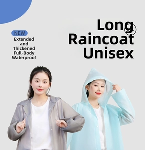 Detail of durable long EVA raincoat with adjustable hood drawstring and snap buttons