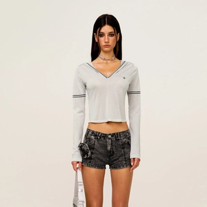 Top In Maglia Con Cappuccio Corto Da Donna Manica Lunga Scollo A V Bordo A Righe Ricamo Sportivo Moda Y2K