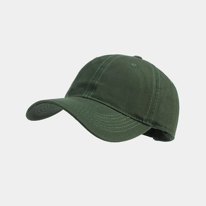 Side view of dark green cotton baseball cap showing six-panel crown and curved brim