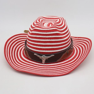 Detail of red and white striped cowboy hat with brown leather band and bull skull emblem
