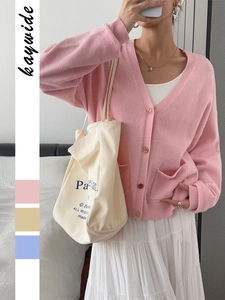 Women Knitted Cardigan Sweater V Neck Button Up Long Sleeve Solid Color Simple Casual Soft Knit Tops With Pockets