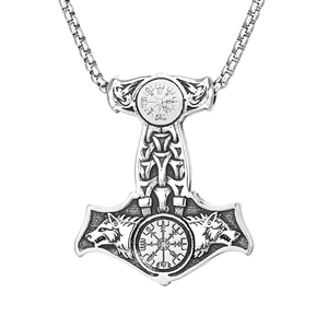 Silver Viking Mjölnir pendant featuring dual wolf heads and intricate Norse rune carvings