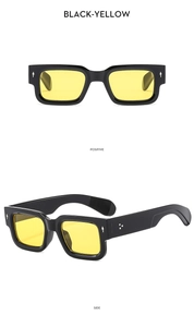 Detail view of square black sunglasses with yellow lenses showing positive and side angles
