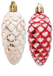 Detail of glittery champagne and red pine cone ornaments for Christmas tree decor