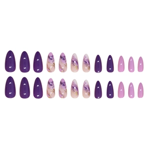 24pcs almond shape marble press on nails with purple marble and gold foil details