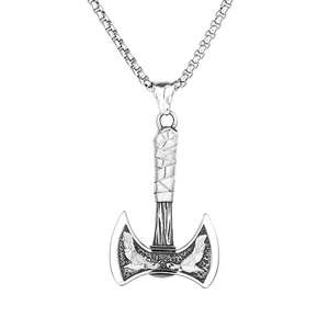 Silver Viking double-headed axe pendant necklace with intricate crow wing engravings