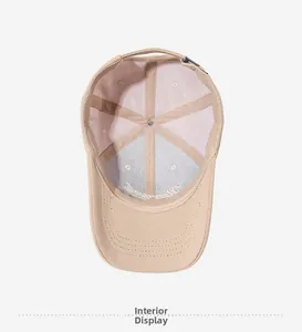 Detailed interior of beige baseball cap featuring six-panel stitching and metal buckle