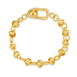 Elegant gold knotted bead bracelet with a textured rectangular clasp on white background