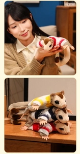 Detailed view of plush sugar glider dolls wearing striped sweaters in multiple colors