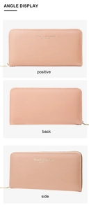 Detail view of pink Saffiano leather long wallet with golden zipper closure