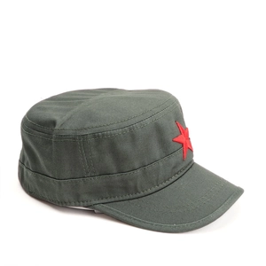 Detail view of military green cadet cap with red star embroidery and reinforced brim