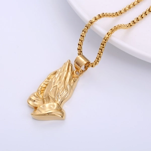 18k gold plated stainless steel necklace featuring a praying hands pendant on box chain