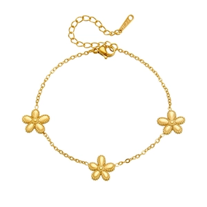 Minimalist gold plated stainless steel chain bracelet with three flower charms on white background