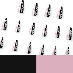 French ballerina press-on nails with black and pink leaf patterns on white background