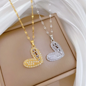 Hollow Heart Pendant Necklace Titanium Steel Copper Cubic Zirconia Pave Luxury Palace Style Sparkly Fashion For Women