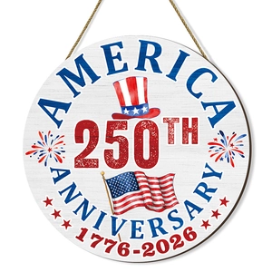 Round wooden door sign for US 250th anniversary with flag patterns and rope hanger
