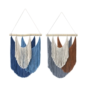 Bohemian woven tapestry with colorful cotton tassels and natural wood rod for wall decor