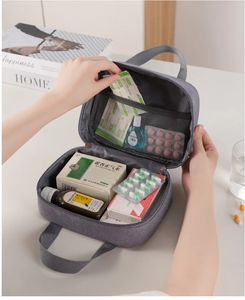 Detail of portable medicine bag with dual zippers and mesh pockets for home and travel