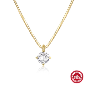 925 Sterling Silver Single Round Zirconia Pendant Necklace Four-Prong Setting Box Chain Minimalist Clavicle Chain Jewelry For Women