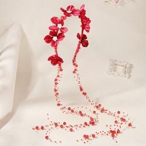 Exquisite red fabric flower headband with dangling pearl tassels for bridal hair accessory