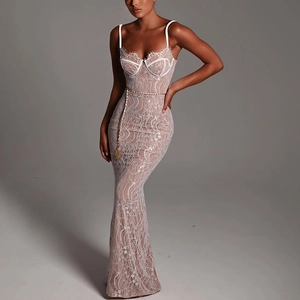 Elegant white lace slip dress with corset bodice and fishtail hemline for women