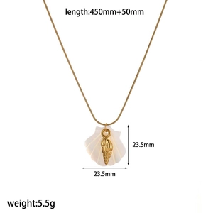 Detail view of a gold shell necklace with a 450mm chain and pearlescent shell pendant