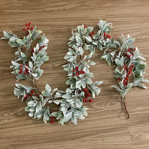 Artificial Lambs Ear Garland with Red Berries for Christmas and Holiday Home Table Decor