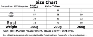 Size chart for yellow knitted polyester top with measurements for S, M, and L sizes