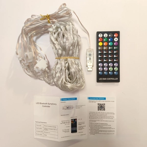 Smart RGB LED curtain lights kit with USB controller, 40-key remote, and Bluetooth app control