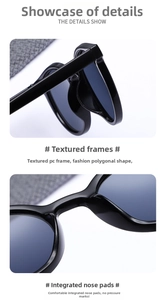Detail view of stylish black polygon sunglasses with integrated nose pads for comfort