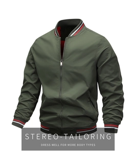 Macro detail of military green bomber jacket with striped ribbed collar and metal zipper