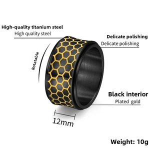 Detail shot of 12mm black titanium spinner ring with yellow honeycomb pattern textures