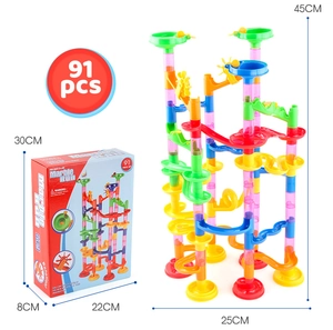 Detailed shot of 91pcs Marble Run toy set with dimensions and colorful building blocks