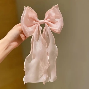 Handheld pink organza ribbon bow hair clip with long streamers for women hair styling