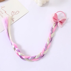Kids colorful braided hair extension with glitter butterfly hair tie for cute girls daily wear.