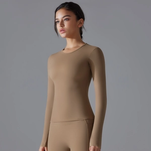 Women's slim fit long sleeve yoga top in khaki, breathable matte athletic workout wear