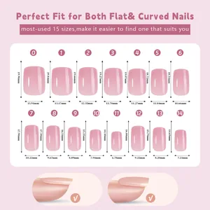 Detailed size chart showing 15 specifications for nude press-on nails for various sizes